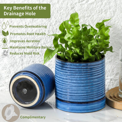 HASENSE 3 Piece Ceramic Plant Pots, 8/6/4.6 Inch, Indoor Pot for Plants with Drainage Holes and Saucer, Modern Flower Planter for Home Office, Rective Glaze Blue