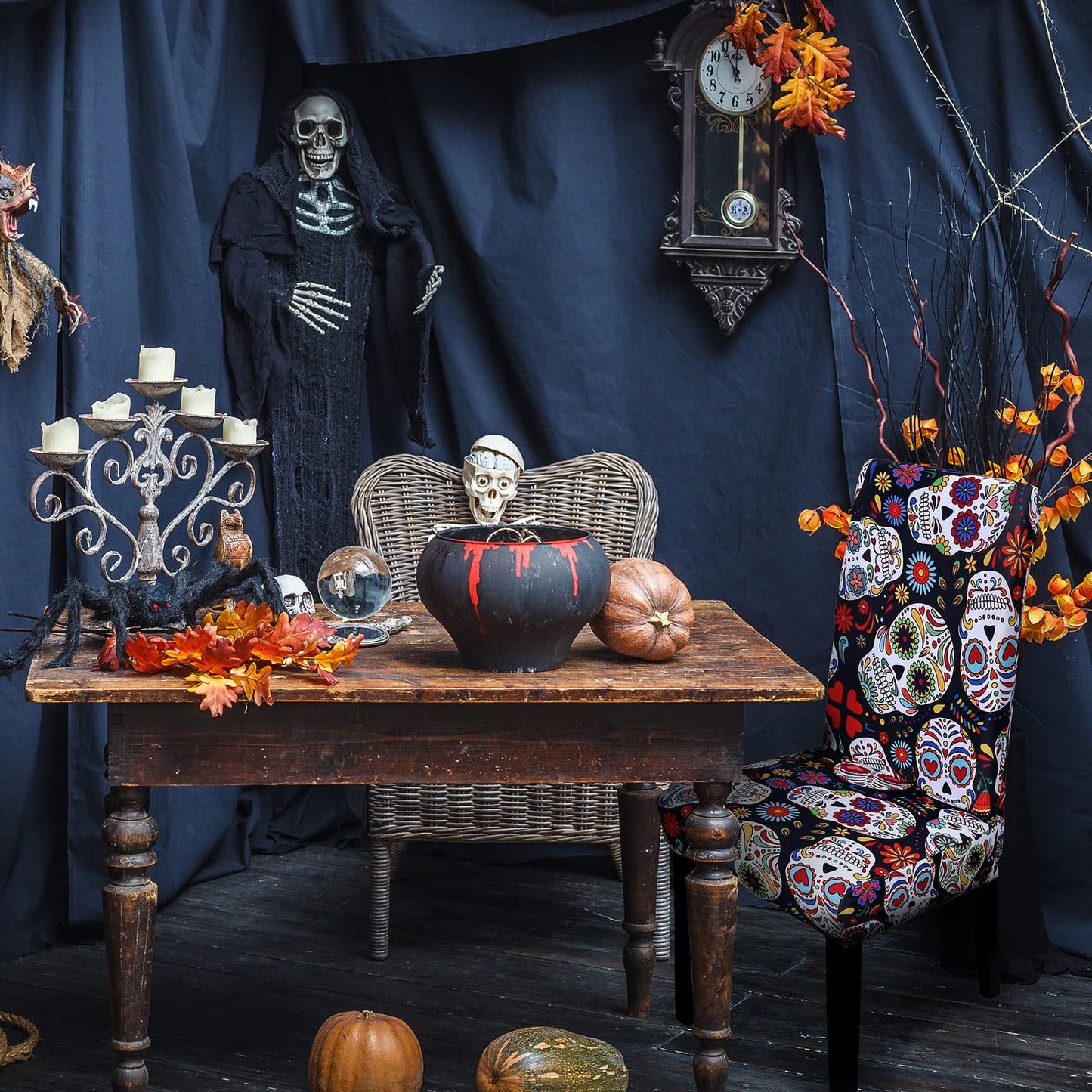 Whaline 4Pcs Halloween Chair Covers The Day of Dead Dining Chair Slipcovers Floral Skull Skeleton Pattern Stretch Elastic Seat Covers for Halloween Party Home Kitchen Hotel Restaurant Ceremony Decor