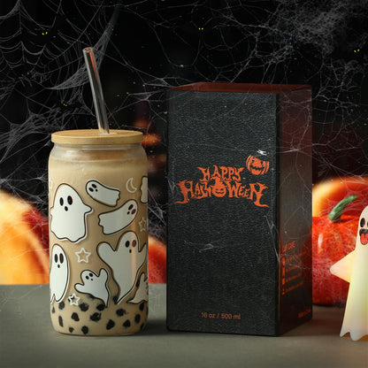 KMCCUMBER Halloween Ghost Fall Glass Cup with Lids and Straws, 16 oz Ghost Fall Mug, Iced Coffee Glass Tumbler, Spooky Glass Cups, Goth Spooky Gifts for Her, Halloween Gifts for Women Teens