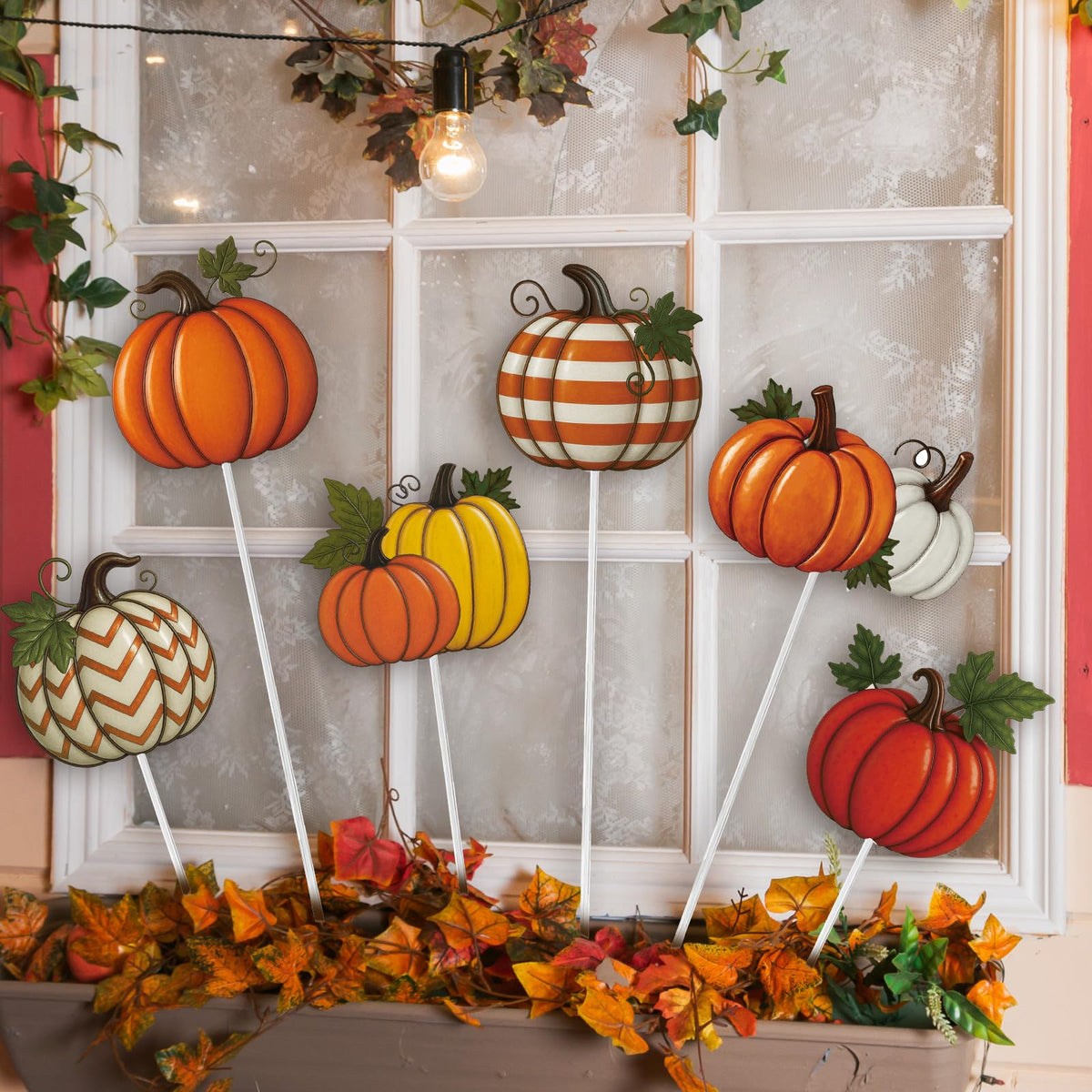 Shimeyao 6 Pcs Metal Fall Pumpkin Garden Stakes Harvest Metal Garden Signs 12 Inch Pumpkin Autumn Yard Stakes Outdoor Decor for Thanksgiving Home Lawn Porch Holiday Front Backyard