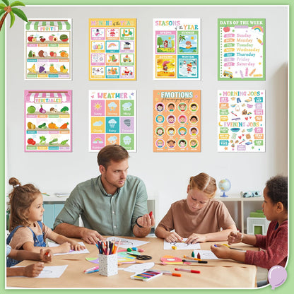 Ireer 28 Pcs Smart Pastel Educational Posters English Learning Poster for Kids Educational Learning Chart for Classroom Decoration Alphabet Kindergarten Preschool Back to School Supplies