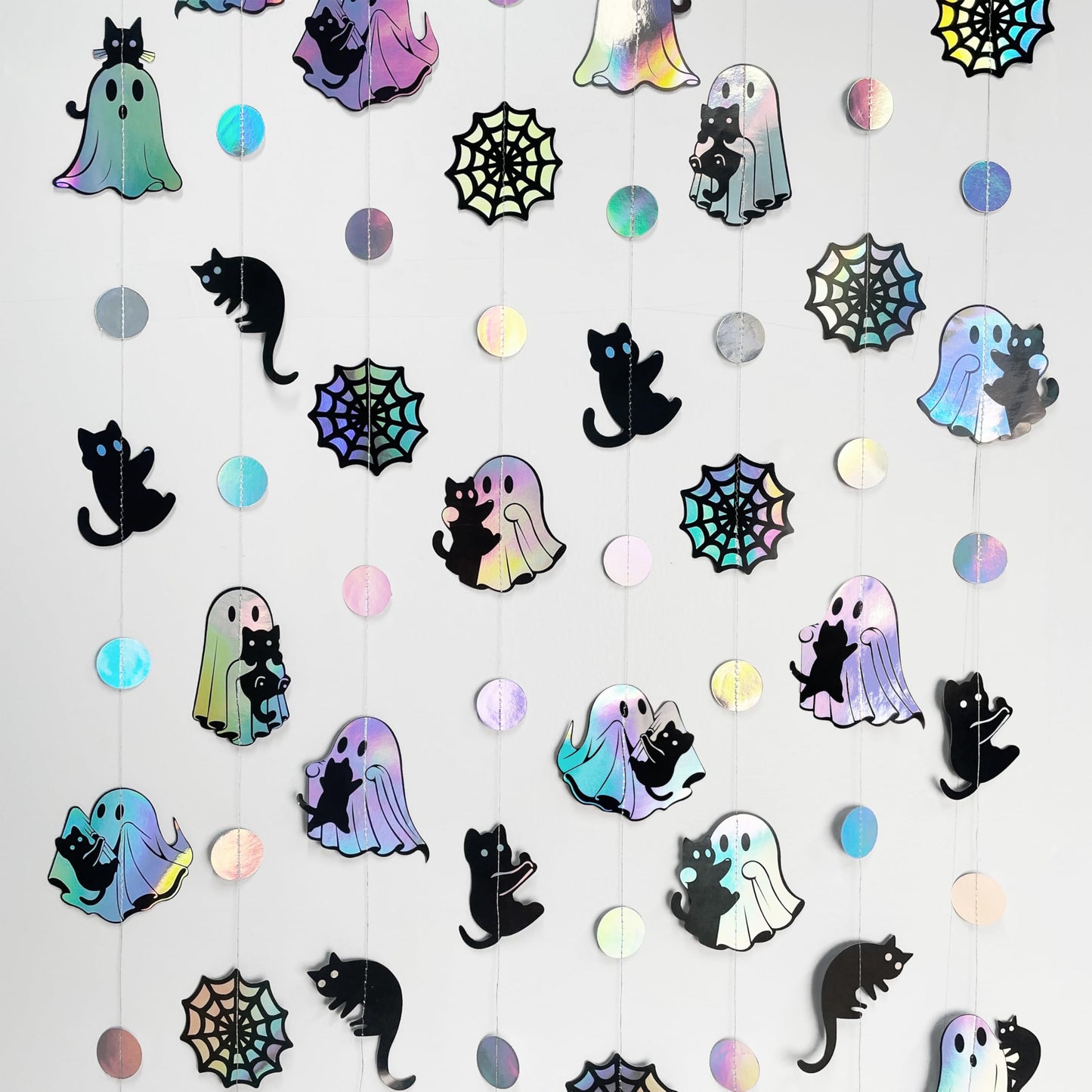 Iridescent Black Halloween Decorations Holographic Ghost Black Cat Spider Web Polka Dot Paper Hanging Garland Streamer Banner for Halloween Birthday Baby Shower Bachelorette Wedding Party Supplies