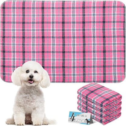Washable Pee Pads for Dogs - 24”x36” 4PCS, Whelping Pad for Puppy Training, Playpen Crate Bed Floor Protector, Reusable Dog Potty Pads Non-Slip, Super Absorbent & Odor Controlling, Pink Plaid