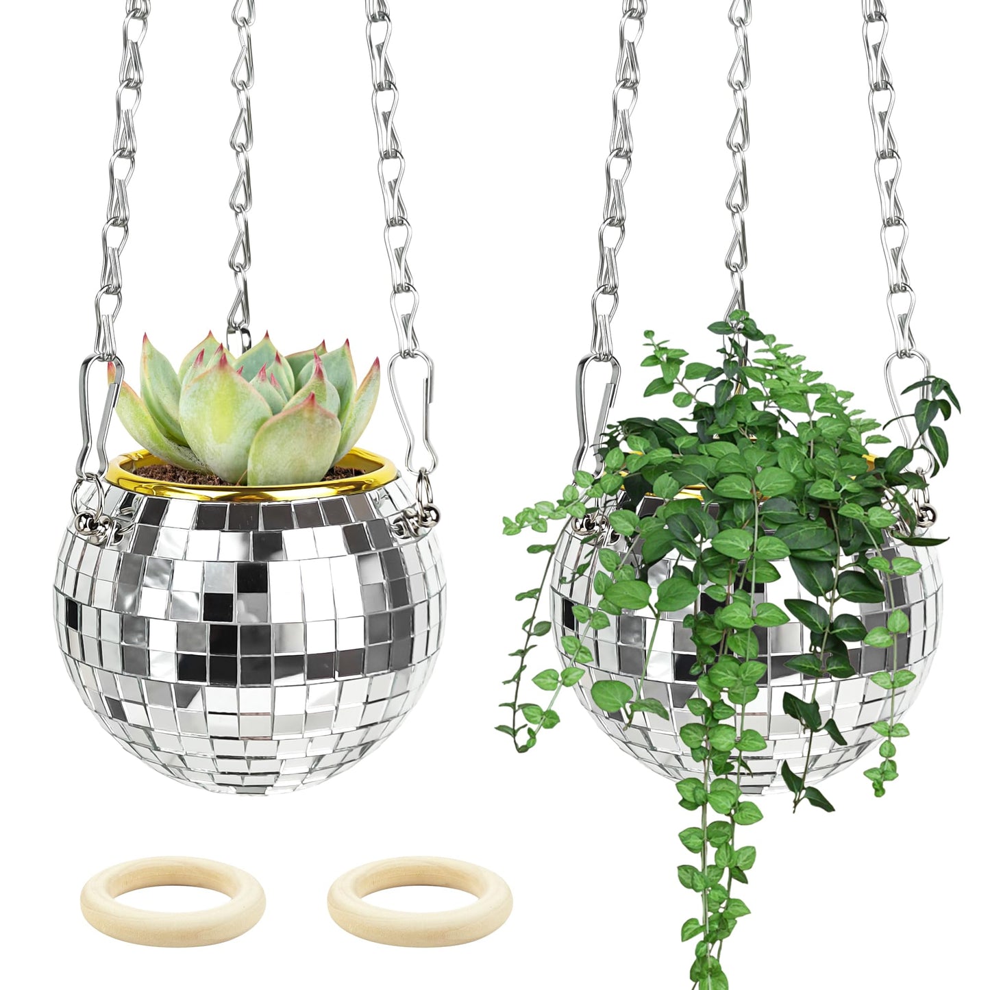 Axigundaone 2 Pcs Disco Ball Hanging Planter, 4 Inch Mirror Disco Ball Planters with Chain,Small Mirror Planter Hanging for Window, Desk