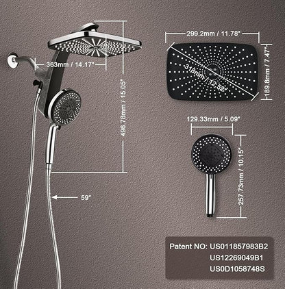 BOZYBO Rain Shower Head with Handheld: High Pressure Shower Heads with Handheld Spray Combo, 12" Rainfall Shower Head and 9 Sprays Hand Showerheads with Magnetic Docking and Power Jets, Chrome 1.75GPM