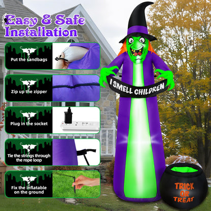 BRDJade 8Ft Halloween Inflatables Witch Outdoor Decorations with Candy Cauldron, Scary Blow Up Witch Holds I Smell Children Banner, Inflatable Halloween Build-in LEDs for Party Yard Lawn Garden Decor