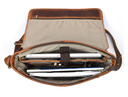 16" Crossbody Bag Leather Laptop Messenger Bag For Men with trolley sleeve for school office (Caramel)