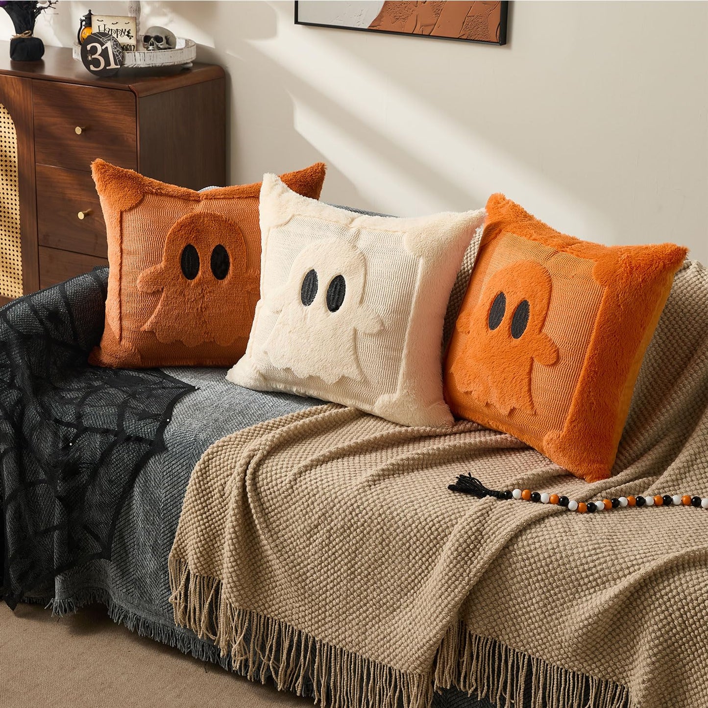 DFXSZ Halloween Pillow Covers 18x18 inch Set of 2 Black Eyes Beige Ghost Throw Pillow Cases Soft Plush Faux Fur Wool Couch Cushion Case for Chair Sofa Bedroom Living Room Home Decor PTK058B18