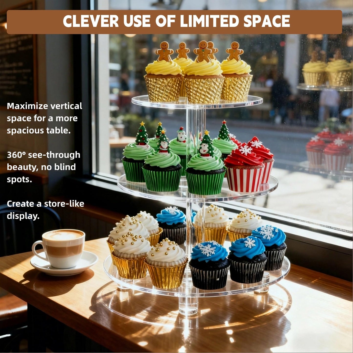 EffiQ-Rate 3 Tier Cupcake Stand, 4mm Thick Heavy Duty Acrylic Dessert Table Display Trays, 10" 8" 6" Round Cupcake Holder Decorative Bakery Tower for Wedding, Party, Baby Shower, Event