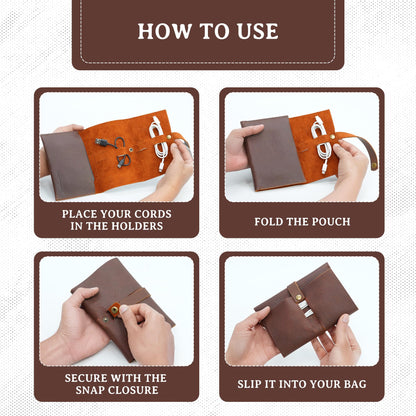 ROGUE WALLET Handcrafted Genuine Leather Tech Organizer - Spacious Phone Cord Organizer, Wide Storage Pockets - Durable & Easy to Maintain Cable Storage Bag for Everyday Use (Brown)