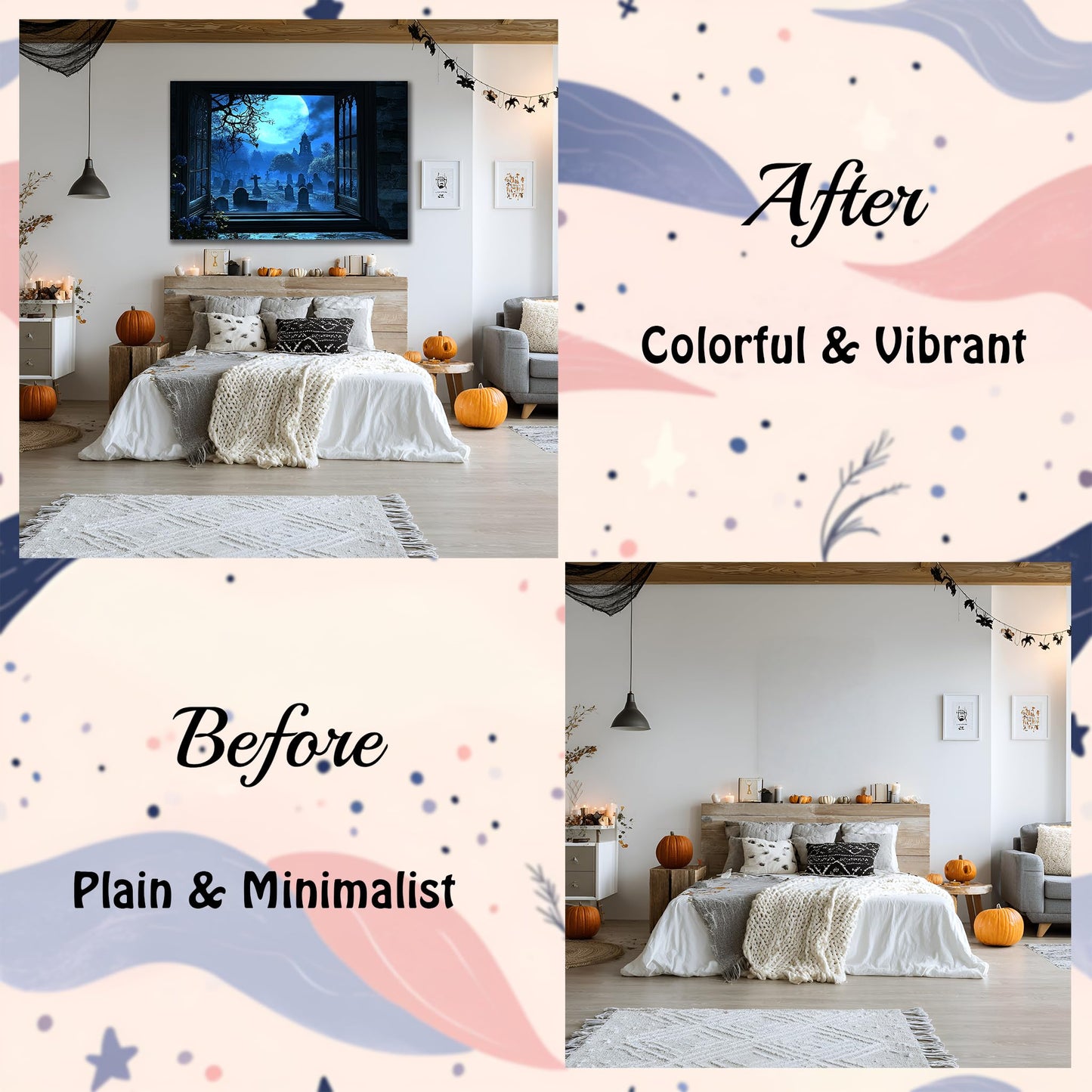 AMAZING WALL Graveyard Fake Window Sticke –3D Haunted Cemetery Illusion Wall Decal with Full Moon & Gothic View–Peel and Stick Halloween Decoration for Home,Door,Wall,32x48in/2PCS