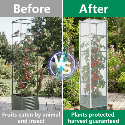 2 Pcs Garden Bird Netting Plant Cover for Square Tomato Cage, 78.7" x 21.6" Insect Bird Barrier Tomato Cage Net with Zipper & Drawstring, Tomato Trellis Netting Protection Cover for Protecting Plants