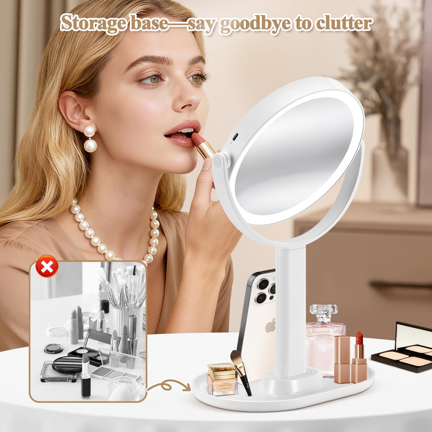 Makeup Mirror with Lights, Double Sided 1x/20x Magnifying Mirror with Light, Rechargeable 3 Color Lights and Adjustable Brightness, 360° Rotation Detachable Comes with Tweezer(Black)