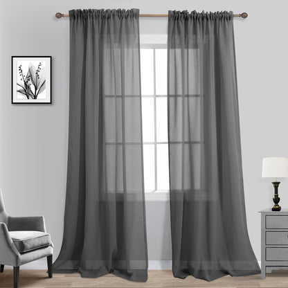 KOUFALL Dark Grey Sheer Curtains 84 Inches Long,Linen Look Rod Pocket Window Curtains for Living Room Bedroom,2 Panels Set,Charcoal Gray