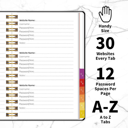 Password Book with Alphabetical Tabs, Password Keeper Book for Seniors, 5.8" X 8.2" Medium Size Password Notebook, Individual & Colorful Tabs, Spiral Hardcover Password Journal Logbook for Website Logins, Black
