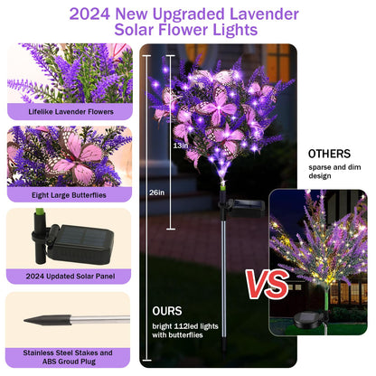 Kohlrabi Solar Garden Lights Outdoor, 2 Pack Purple Lavender Solar Butterfly Lights Gardening Gifts for Women,Artificial Flowers Light Purple Halloween Garden Decor for Patio Yard Lawn Christmas