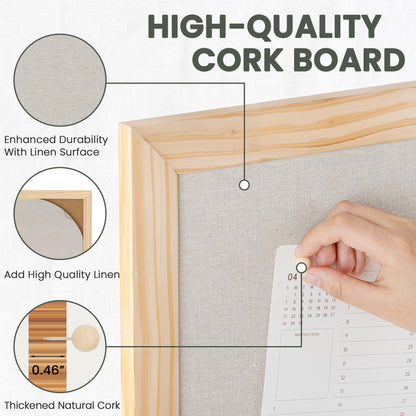 Bulletin Board Cork Board with Linen, 100% Wood Framed 18" x 24" Bulletin Board Decorations, Pin Boards for Walls, Wall Mounted Fabric Picture Board with 10 Pushpins for School, Home & Office, Natural