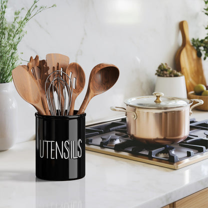 Barnyard Designs Ceramic Farmhouse Kitchen Utensil Holder for Countertop, Decorative Kitchen Utensil Crock for Counter, Spatula Holder, 7" (Black)