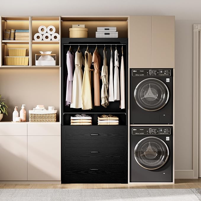 IRONCK Freestanding Closet System with 3 Wood Drawers, 31.5" Black | Modern armoire wardrobe with adjustable shelves & hanging rod, walk-in closet organizer for small spaces, space-saving design