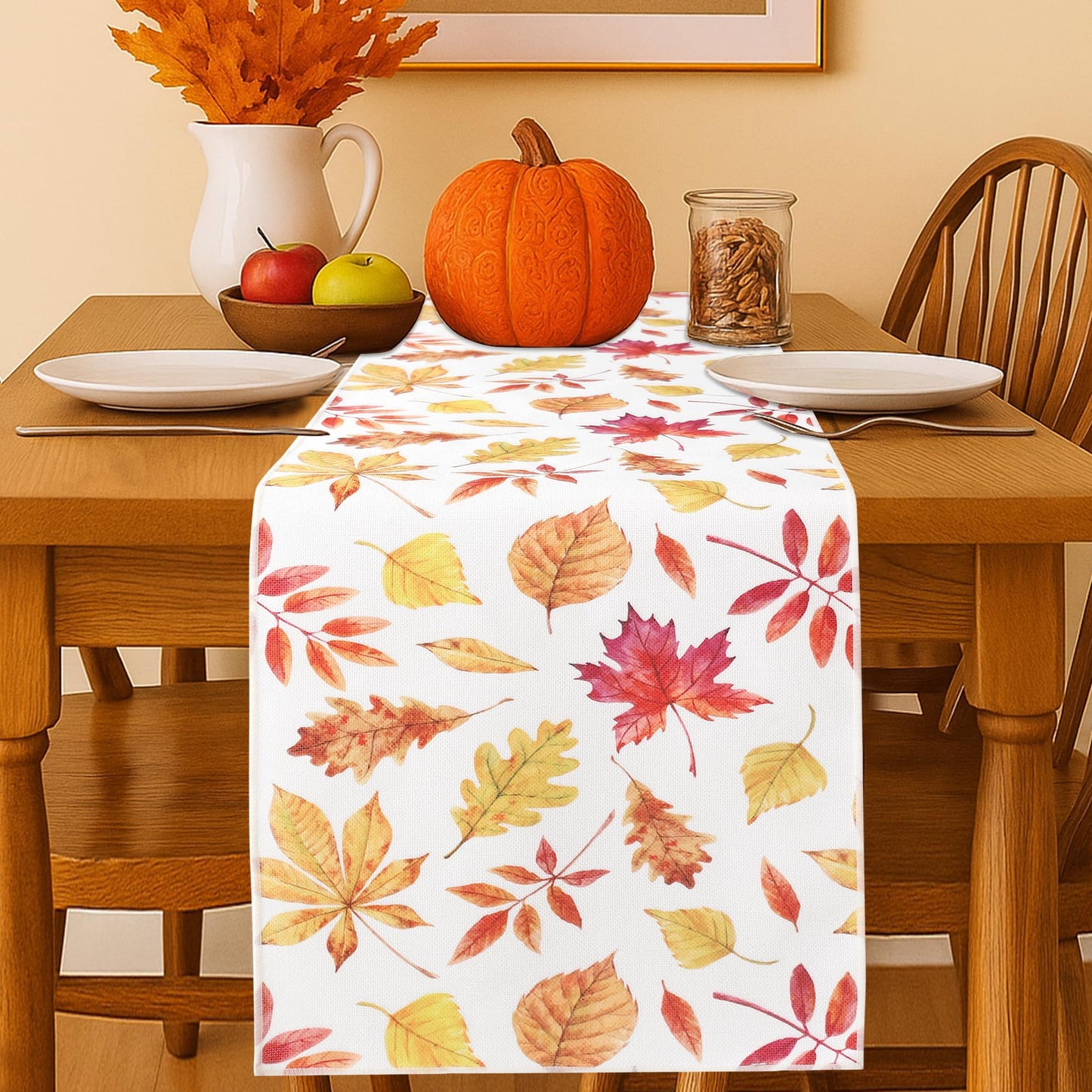 OWENIE Fall Table Runner for Kitchen Dining Table, Thanksgiving Autumn Printed Harvest Pumpkins Maple Leaves Textured Fabric Halloween Holiday Home Decorations, Water-Proof, Washable, 13" W x 108" L