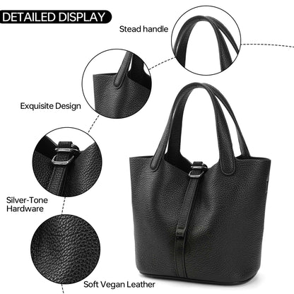 Kiss Sea Mini Bucket Bag for Women, Pebbled Vegan Leather Tote with D-Lock Detail, Convertible Crossbody Handbag
