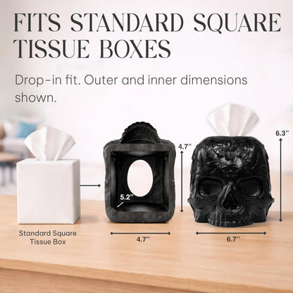 Death Decor Gothic Skull Tissue Box Cover – Heavyweight Square Tissue Holder – Won’t Move When Pulling a Tissue – Black Home & Bathroom Décor – Home Gift for Women & Men, Goth, Horror