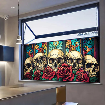 HOMETITUTE Skull Window Film 39.3x17.7 Inch Gothic Skull Window Sticker Halloween Skull Decoration Rose Windows Cling for Haunted House Day of The Dead Horror Windows Glass Cover