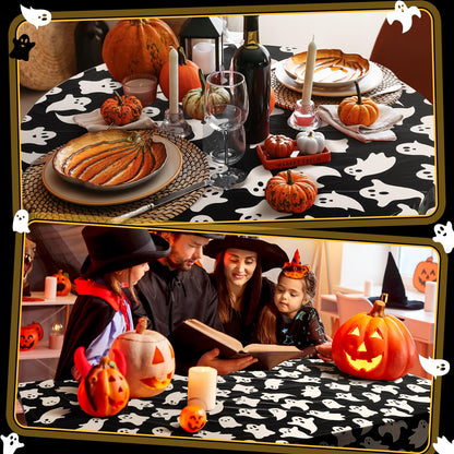 Ganeen 6 Pcs Halloween Plastic Tablecloths 84 Inch White Black Ghost Disposable Table Cover Plastic Round Ghost Spooky Tablecloths Decoration for Halloween Baby Shower Party Supplies