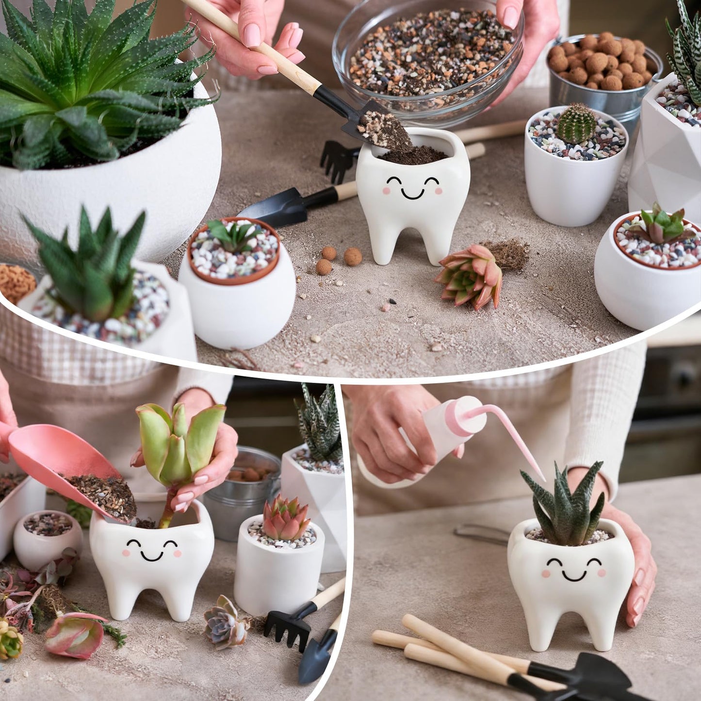 FoldTier Dental Hygienist Gifts Cute Tooth Shaped Planters Ceramic Succulent Cactus Flower Pot Funny Mini Office Pen Holder for Dental Assistant Graduation Accessories Dentist Office Decor(4 Pcs)