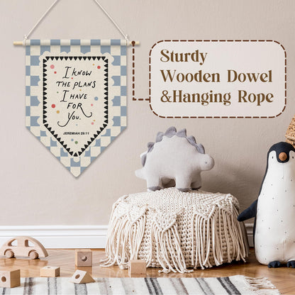 RUKUPA Christian Wall Art Decor, Bible Verse Hanging Pennant Flag, for I Know the Plans I Have for You Religious Checkered Wall Art Poster Hanger for Home Bedroom Kids Nursery Room Decor, 11x15 Inch
