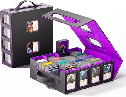 Trading Card Storage Box – 3500+ Magnetic MTG Deck Box with Handle,Commander & Toploader Display, Dice Box,4 Dividers & 30 Color Labels–Fits for TCG,MTG,Yu-Gi-Oh and Sport cards(Black/Purple)