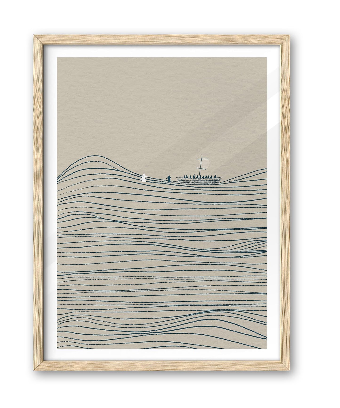 iHery Natural OAK Wood Jesus and Peter Walk on Water Framed Wall Art, 12x16 in Modern Sketch Bible Verses Canvas Art Decor, Beige Logs Boho Scripture 1Pack for Living Room Bedroom