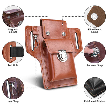 Leather Cell Phone Holster for Men, EDC Belt Pouch with Magnetic Closure & Keychain Clip, Lightweight Universal Waist Phone Case for Large Phones, Dog Walking, Travel & Hiking