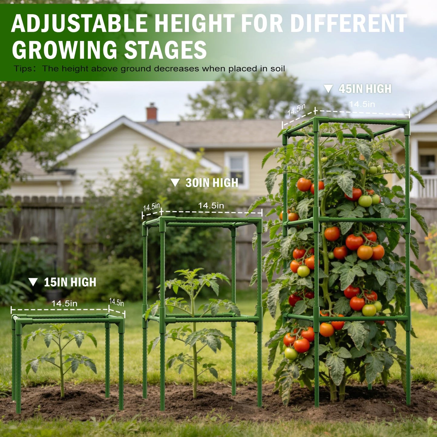 Uyittour 3 Pack Square Tomato Cages for Garden, 45" Heavy Duty Tomato Trellis Plant Support Cages for Raised Garden Bed Climbing Vegetables, Set with Garden Gloves, 20 Clips & 65FT Tie Wire