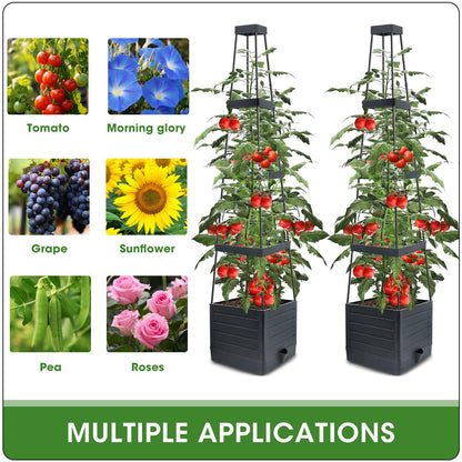 MQFORU 2 Packs Raised Garden Bed Tomato Planter with Trellis, 57" Tomato Cages for Climbing Vegetables Plant, Self Watering Planters Box for Garden Pots for Patio Greenhouse Indoor Outdoor（2PCS）