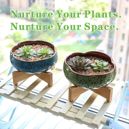 Qijoys 2 Pcs Lotus Bowl Planter with Base Ceramic Hydroponic Planter Water Lily Bowl for Planting Aquatic and Indoor Plants Household Ceramic Basin Decor(Blue)