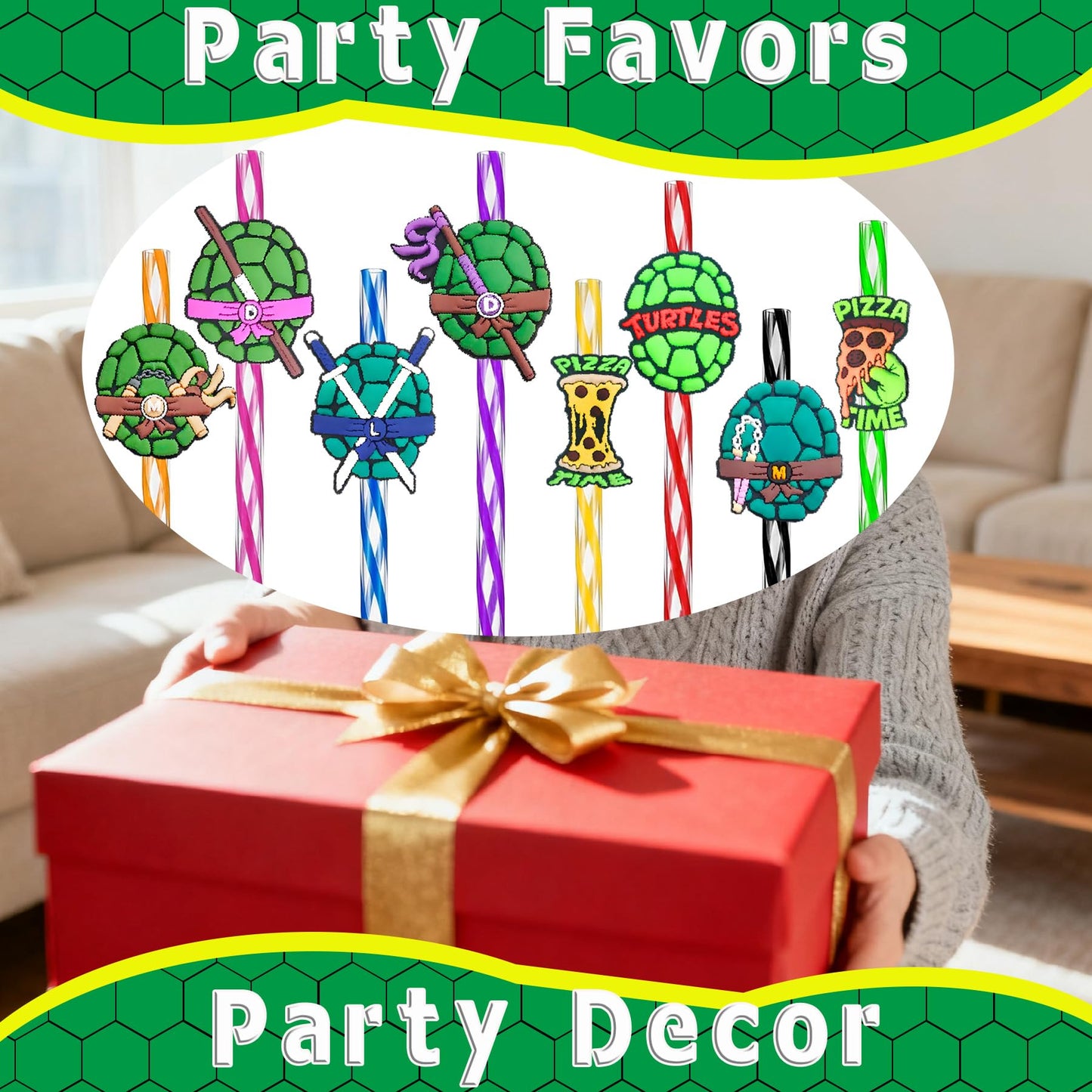24 Green Turtles Birthday Party Decorations - Reusable Fun Plastic Straws for Kids Boys Girls Cartoon Pizza Turtle Party Favors - Cute Drinking Straws for Teenage Party Supplies Decor + 2 Brushes