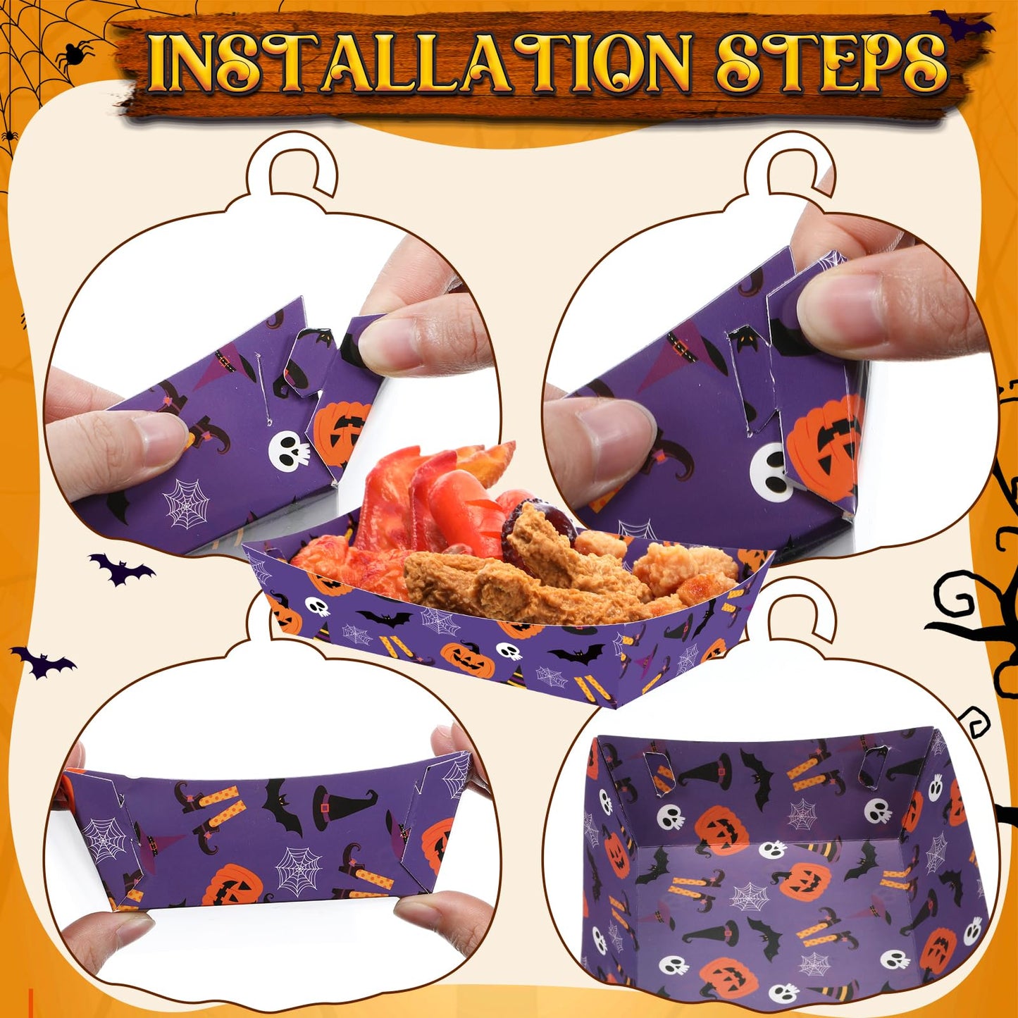 Acellegic 100 Pcs Halloween Paper Disposable Tableware Paper Food Trays Serving Boats Snack Food Container 9 oz Pumpkin Ghost Bats Disposable Cups Black Purple Halloween Party Supplies Kit