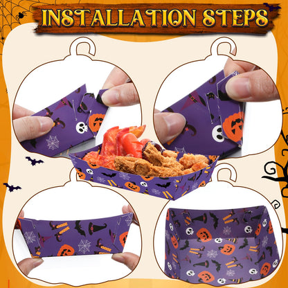 Acellegic 100 Pcs Halloween Paper Disposable Tableware Paper Food Trays Serving Boats Snack Food Container 9 oz Pumpkin Ghost Bats Disposable Cups Black Purple Halloween Party Supplies Kit