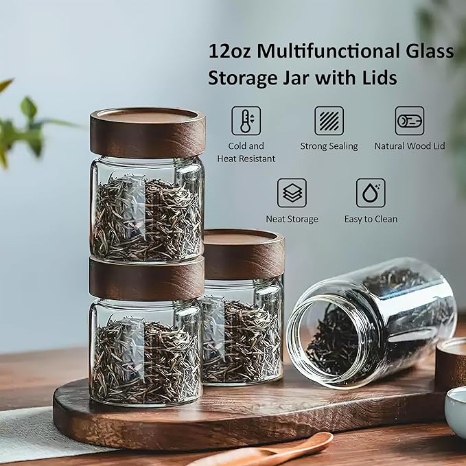 18 oz/550 ml Clear Glass Storage Canister with Airtight Wooden Lid, Small Overnight Oats Containers, Cute Decorative Salad Jar for Snacks Yogurt Spice Sugar Cereal Fruit Coffee Tea -4 Pack