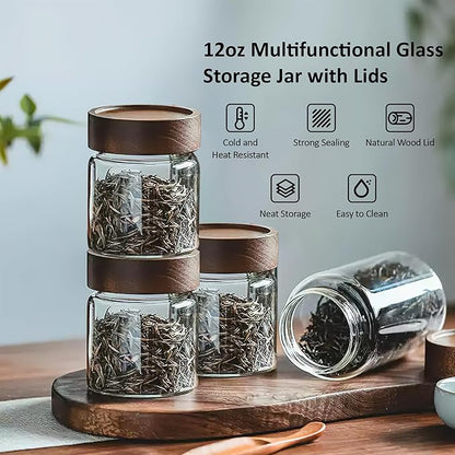 18 oz/550 ml Clear Glass Storage Canister with Airtight Wooden Lid, Small Overnight Oats Containers, Cute Decorative Salad Jar for Snacks Yogurt Spice Sugar Cereal Fruit Coffee Tea -4 Pack