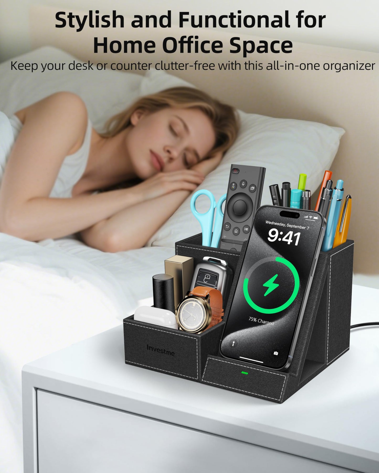 Investme Wireless Charger with Desk Organizer, Pen Pencil Holder, Multifunctional Desktop Organizer, Office Supplies and Desk Accessories Organizer with 3 Compartments and 1 Phone Stand