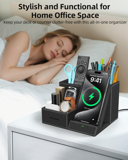 Investme Wireless Charger with Desk Organizer, Pen Pencil Holder, Multifunctional Desktop Organizer, Office Supplies and Desk Accessories Organizer with 3 Compartments and 1 Phone Stand
