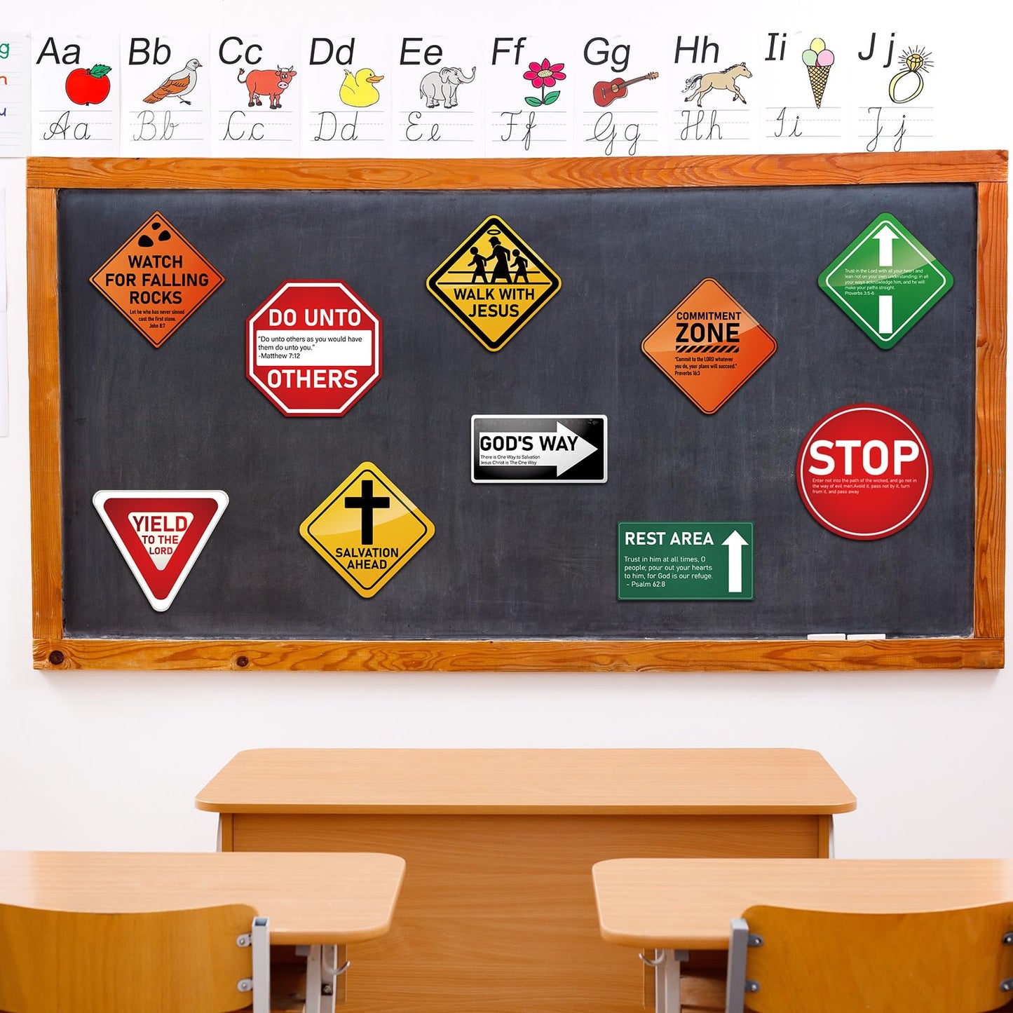 Frienda 10 Pcs Christian Road Sign VBS Road Trip Decorations Paper Religious Bulletin Board Cutouts Construction Party for Halloween Trunk or Treat Classroom Bible Sunday School Church Decor