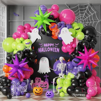 155Pcs Hot Pink Halloween Balloon Arch Garland Kit, Black Pink Purple Green Balloons Fluorescent Explosion Star Foil Balloons for Halloween Neon Glow in the Dark Birthday Party Decorations