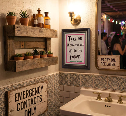 Dark Brown Framed Funny Bathroom Quotations Canvas Wall Art Message Me If You'Re Out Of Toilet Paper Wall Decor Picture Pink Humor Bathroom Poster Print for Toilets And Restrooms. Prepare To Hang