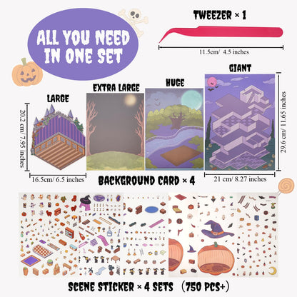 Halloween Extra Large Scene Stickers Set Include 4 Big Size 3D DIY Sticker with Background Card & Tweezer: Miniature House & Room Creative Play Kits for Adults Stress Relief Pass Time