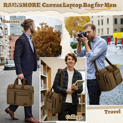 Mens Laptop Messenger Bag 15.6 Inch Canvas Briefcase Waterproof Vintage Computer Bag Shoulder Bag Satchel Bags for Work College Travel