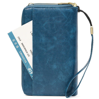 GOIACII Passport Wallet Travel Crossbody Bags for Women Wristlet Phone Purse Double Zip Vegan Leather Blue