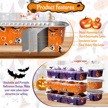 ylnurac 100Pack Halloween Mini Cake Pans Disposable Mini Loaf Pans with Lids and Spoons, 6.8Oz Aluminum Foil Pans Tins, Individual Dessert Cups Containers for Sales,Party,Picnics